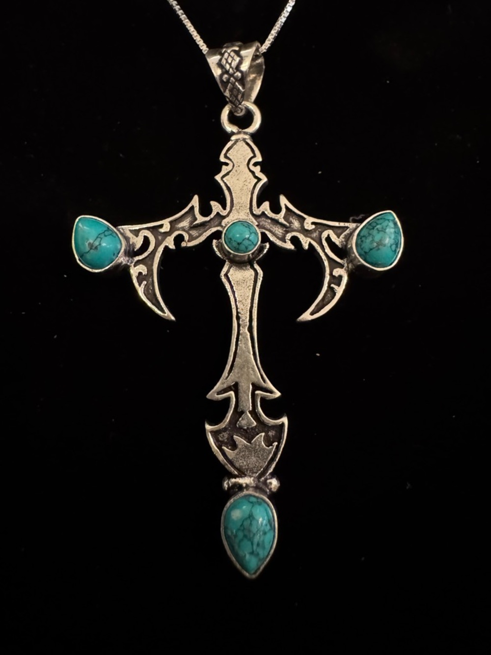 Turquoise Stone Cross Pendant Necklace set in‎ sterling silver